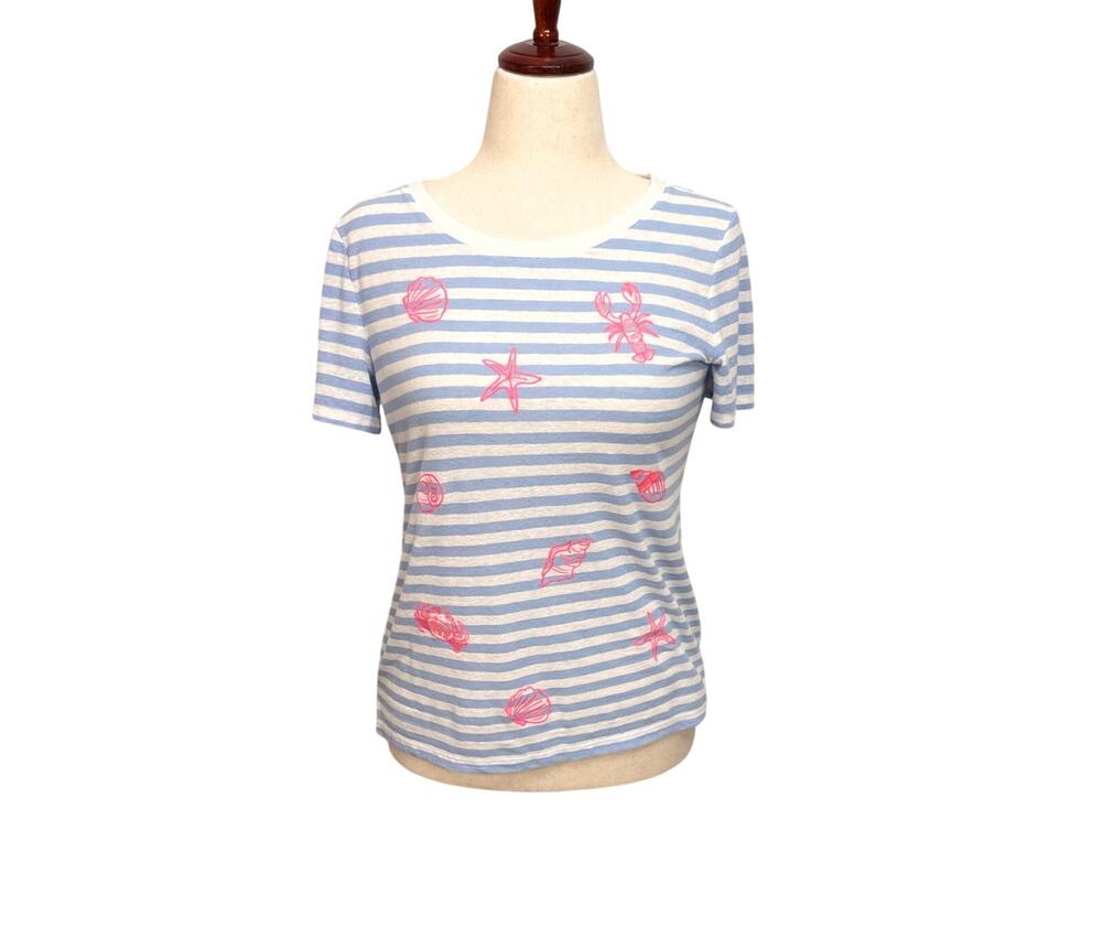 Talbots Tee Stars & Shells linen blend embroidered crew neck short sleeve top S